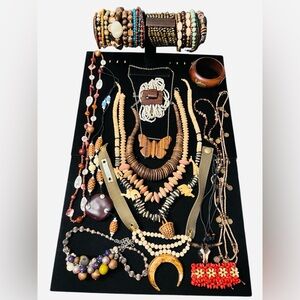 Vintage & Modern Boho Ethnic Wood Necklace, Bracelet Jewelry Lot Of 27